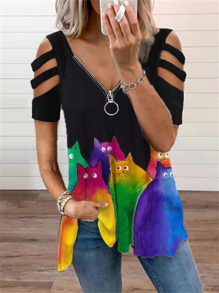 Comstylish Colorful Cats Art Hollow Shoulder T Shirt
