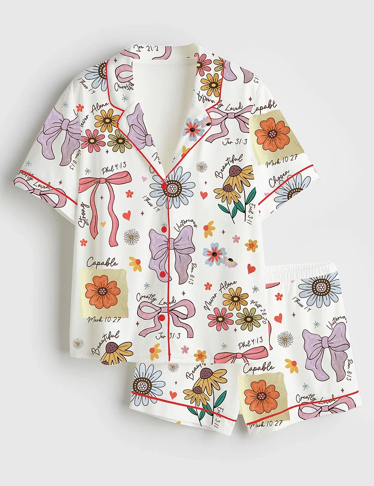 Women&rsquo;s Christian Mama Boho Floral Mama Wildflower Mama Mother's Day Gift&nbsp;Short Sleeve Satin Pajama Set