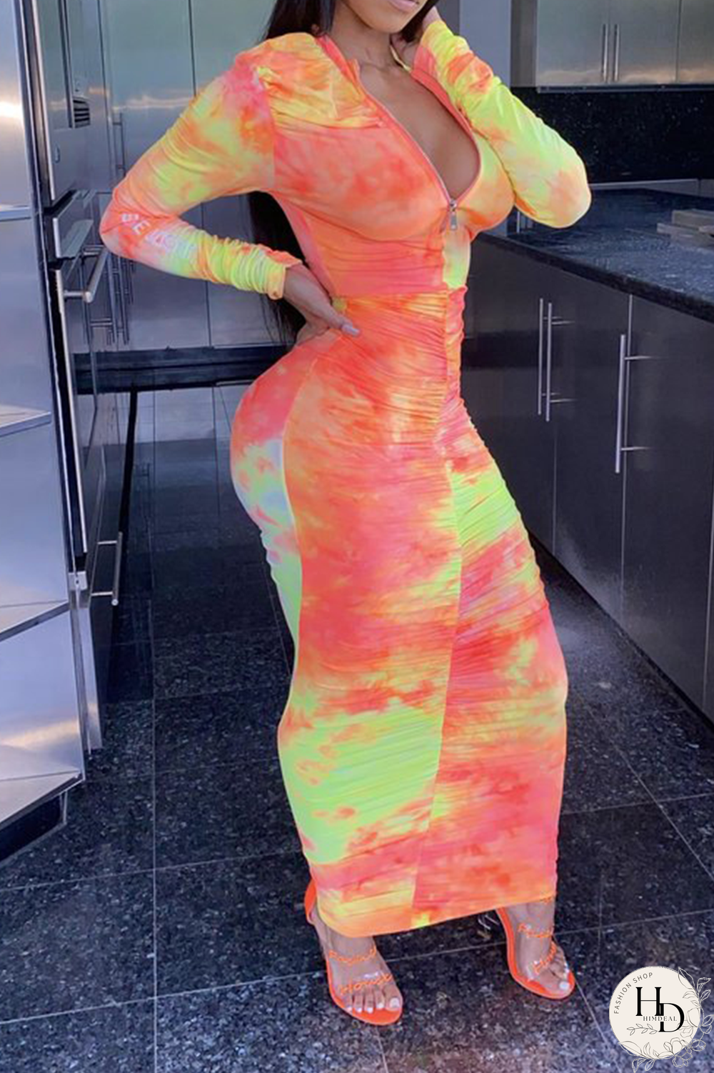 Blue Purple Casual Patchwork Tie-dye Fold Zipper Collar Pencil Skirt Dresses