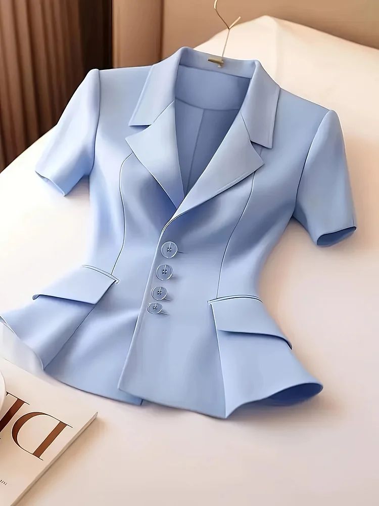 Women's Elegant Light Blue Short Sleeve Blazer - Summer Chic Button Front Jacket With Lapel Collar & Flap Pockets, Perfect For Office Or Casual Outings, Office Wear | Sophisticated Silhouette | Structured Tailoring