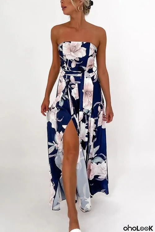 Floral Print Strapless Split Leg Jumpsuit