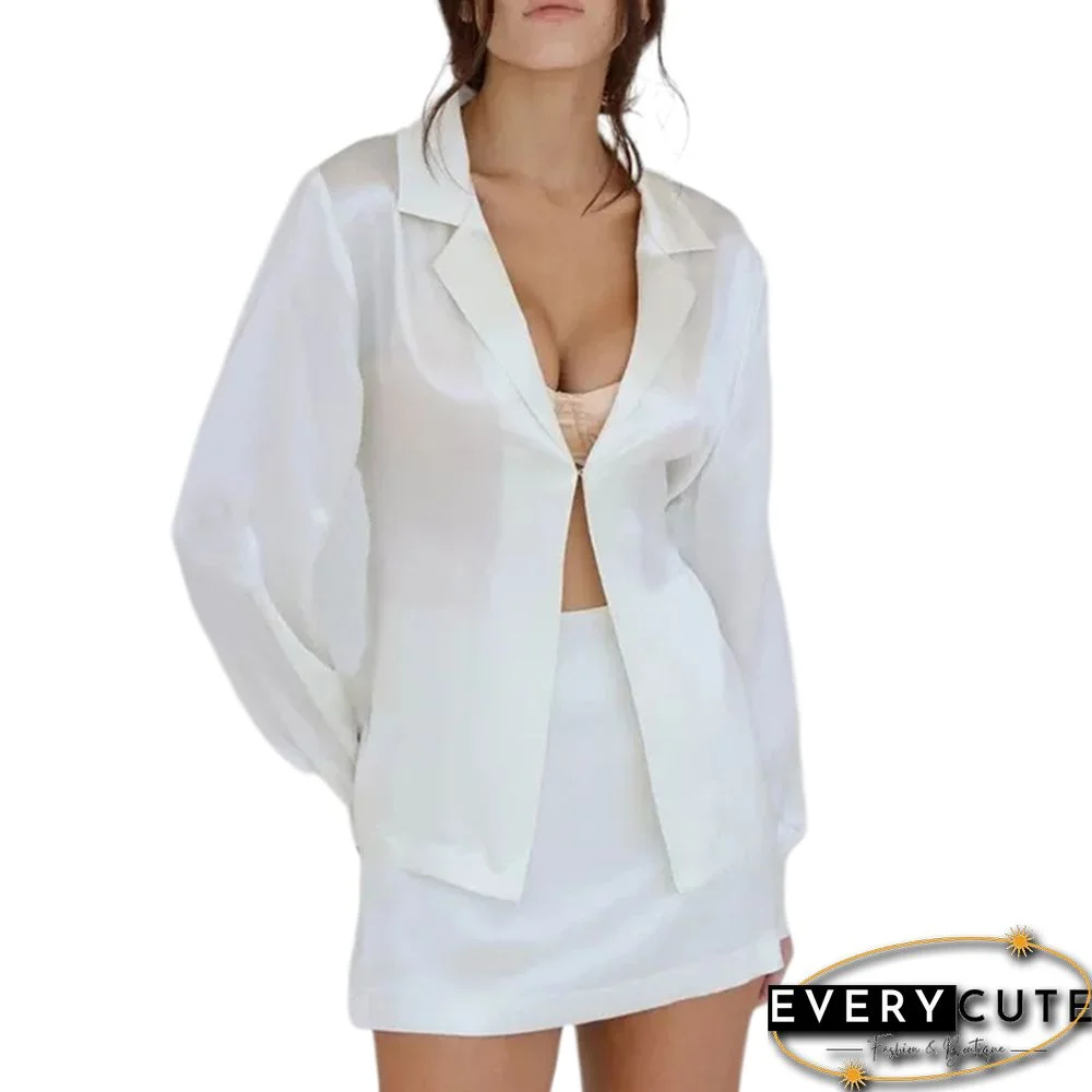 White Open Front Button Shirt with Mini Skirt Set