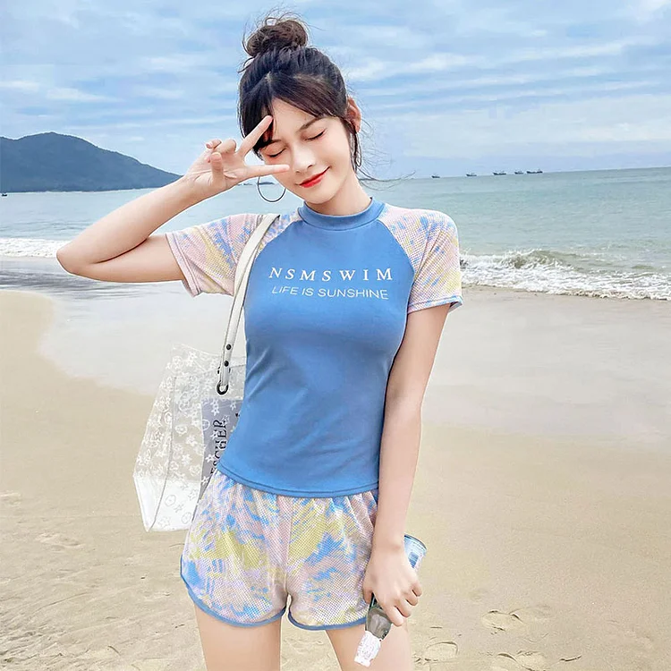 Letter Print Two Pieces T-Shirt Shorts Swimsuit - Modakawa Modakawa