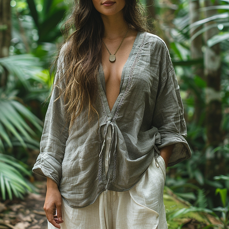Simple V-neck Long-sleeved Linen Shirt, Comfortable, Lazy And Breathable Linen Top