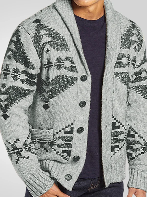 Men's Casual Ethnic Tribal Aztec Print Lapel Knitted Cardigan