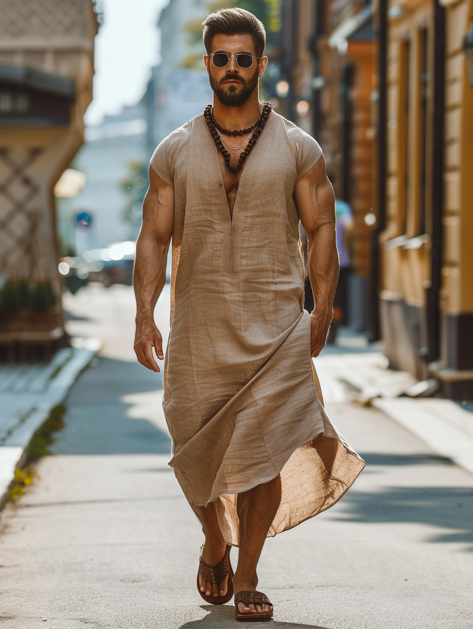 Linen color Men Cotton Kaftan Long Caftan