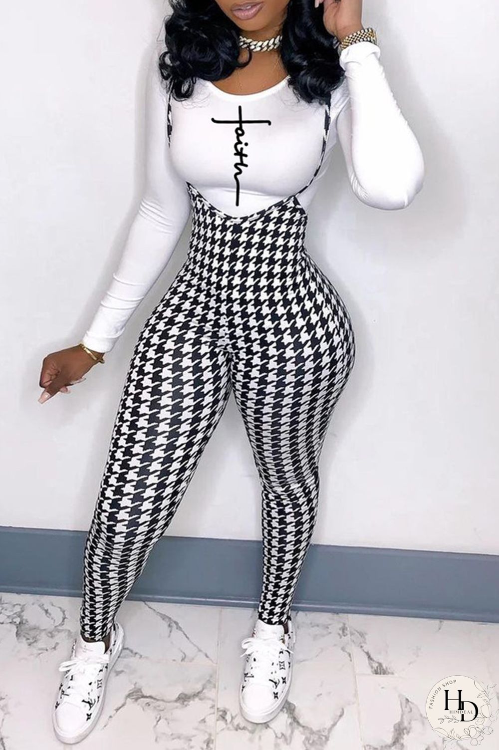 White Fashion Casual Print Basic O Neck Long Sleeve Two Pieces