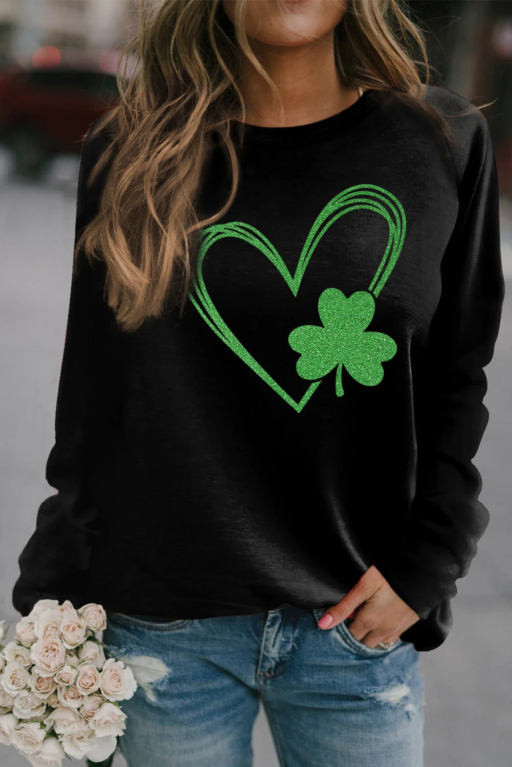 St Patrick's Day Clovers Print Pullover Sweatshirt-elleschic