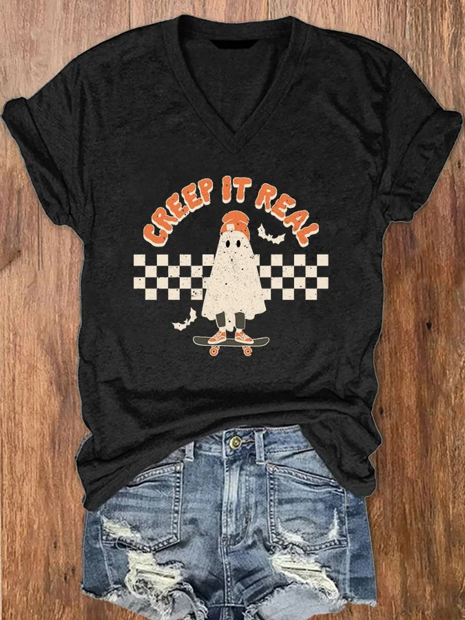 Women's Retro Vintage Ghost Halloween Creep it Real Print V-Neck T-Shirt