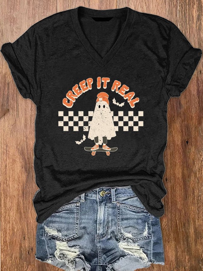 Women's Retro Vintage Ghost Halloween Creep It Real Print V-Neck T-Shirt