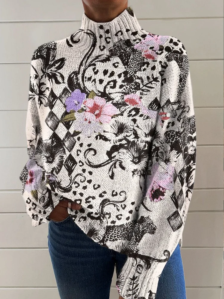 Curly Floral Vine Art Print Knit Turtleneck Pullover Sweater