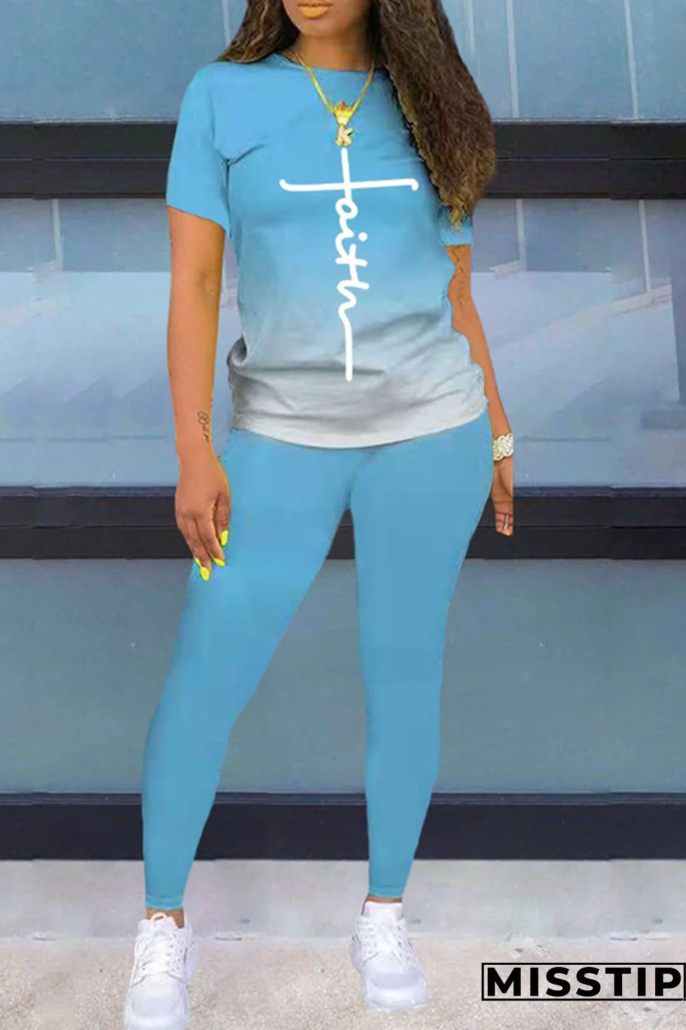 Black Fashion Casual Gradual Change Print Basic O Neck Short Sleeve Two Pieces