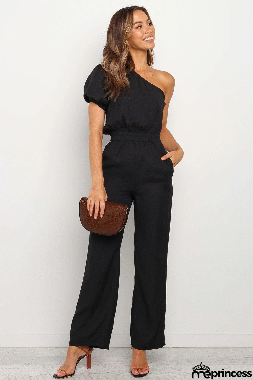 Asymmetric Bare Shoulder Bubble Sleeve Jumpsuit