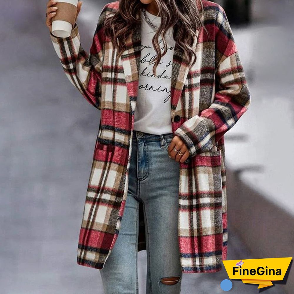 Red White Black Plaid Button Front Long Jacket