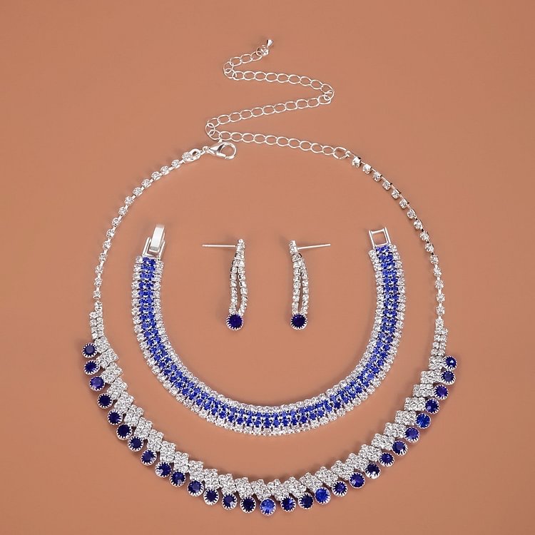 Blue Rhinestone Necklace Women's Accessories Three-piece Set