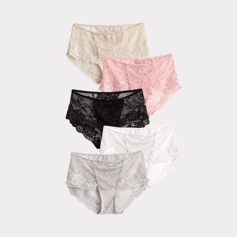 Elegant Mid-waisted Silk Panties With Lace Trim 5-Pack-Real Silk Life
