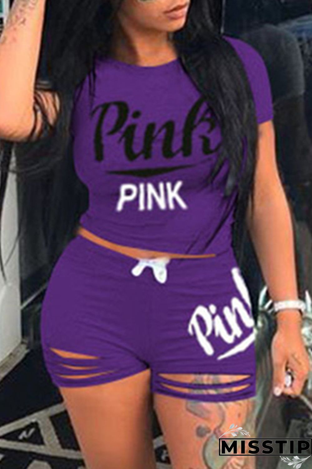 Pink Fashion Casual Letter Print Ripped O Neck Short Sleeve Two Pieces