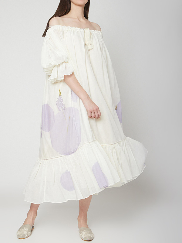 Off Shoulder Puffy Sleeve Pleated Hem Midi Dress