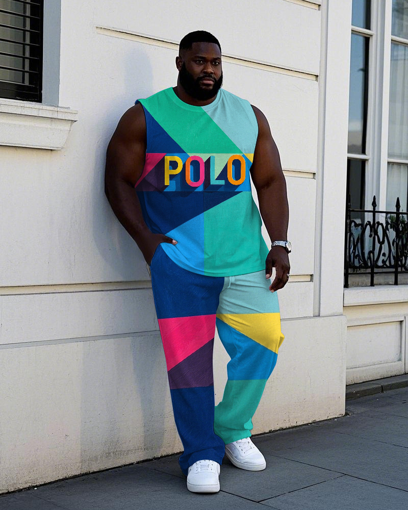 Big Men's Sporty Vibrant Splicing Block POLO Letter Printed Outdoor Vest and Pants Set