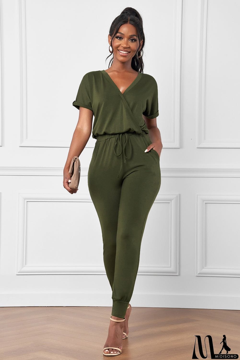MidiSono - Casual Army Green V Neck Wrap Front Jumpsuits