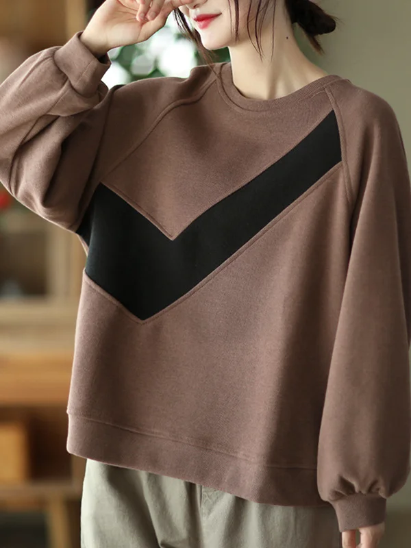 Original Loose Long Sleeves Contrast Color Split-Joint Round-Neck Hoodies&Sweatshirt Tops