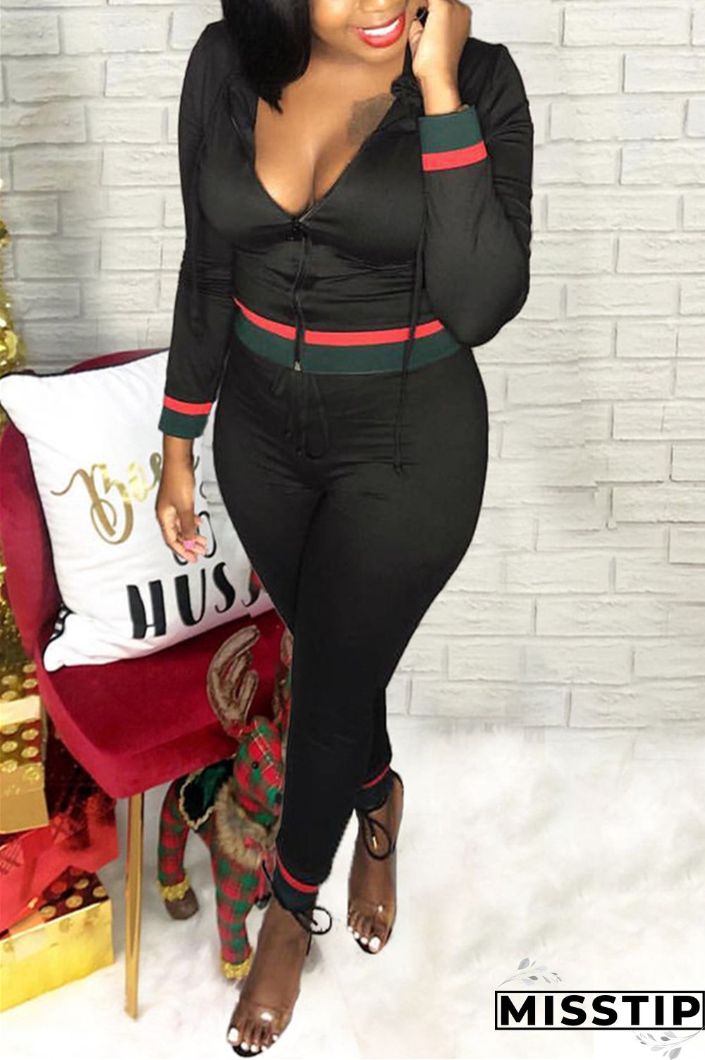 Black Casual Sportswear Long Sleeve Zipper Collar Regular Sleeve Regular Patchwork Two Pieces