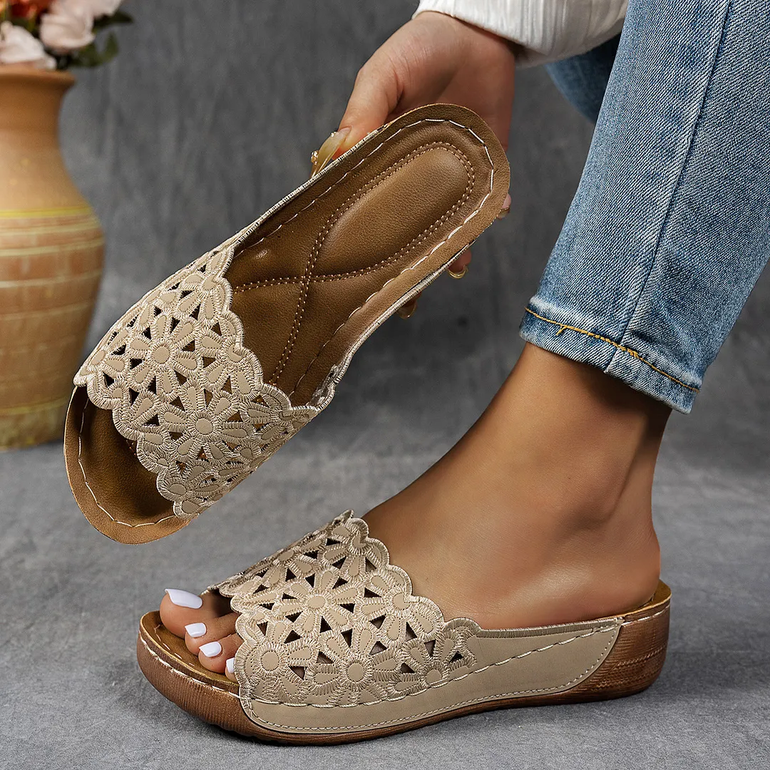 Breakj Breakj Summer New Women's Thick Bottom Slippers Large-Size Fish Mouth A Word Wide Striped Thick Bottom Slippers Women