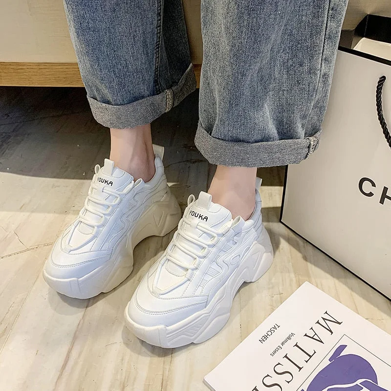 New Black Dad Chunky Sneakers Casual Vulcanized Shoes Woman High Platform Sneakers Lace Up White Sneakers Women 2022