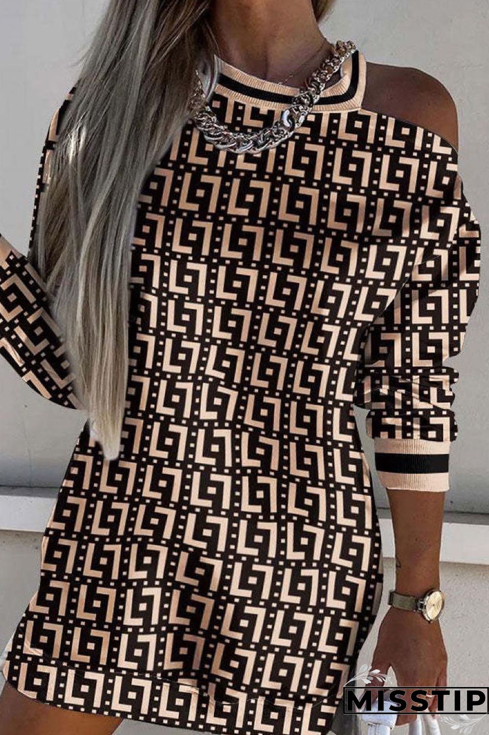 Black khaki Casual Print Hollowed Out Patchwork O Neck Long Sleeve Dresses
