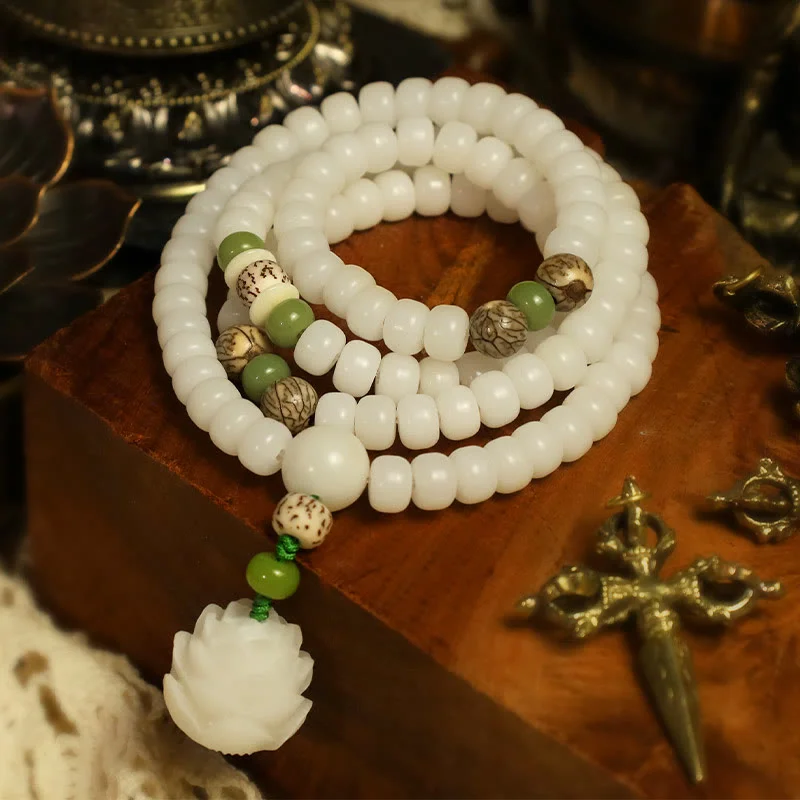 White Jade Bodhi Lotus Mala Harmony Necklace Bracelet