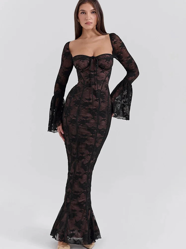 Toloer Lace Square Neck Long Flare Sleeve Maxi Dress-Outfit Ideas