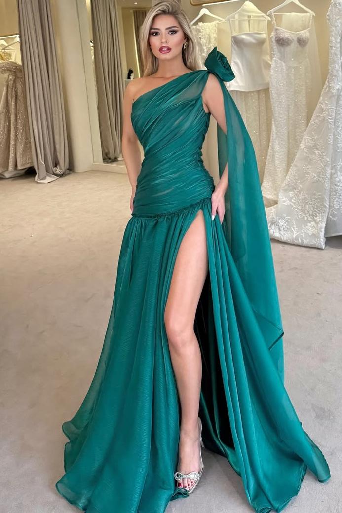 Oknass One Shoulder Sleeveless Long Split Prom Dress With Pleated 
