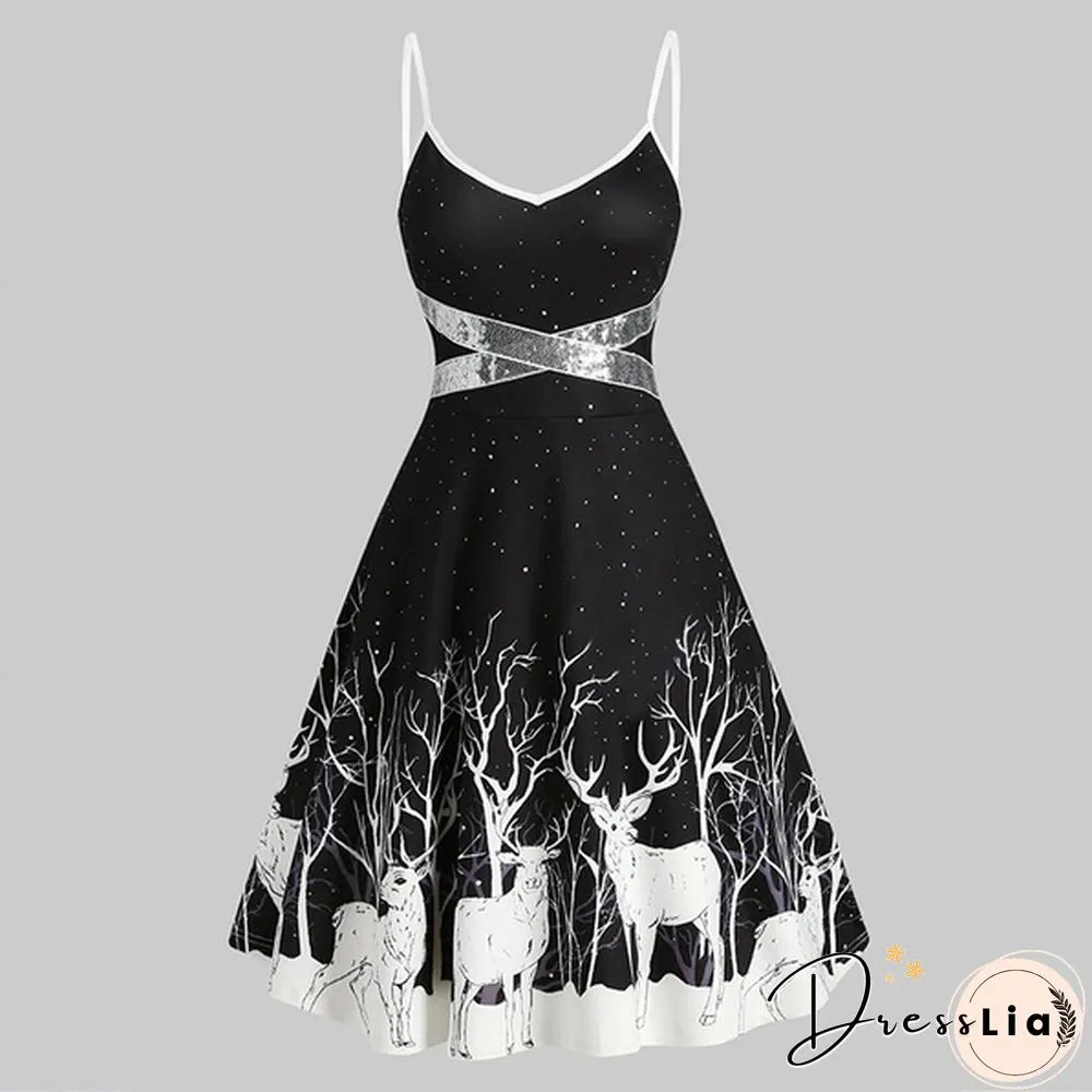 Christmas Deer Print Spaghetti Strap Dress Fashion Print Skater Dresses