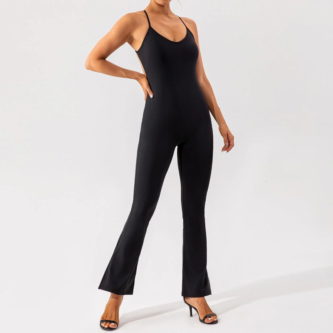 Crossed back high elastic one-piece jumpsuits