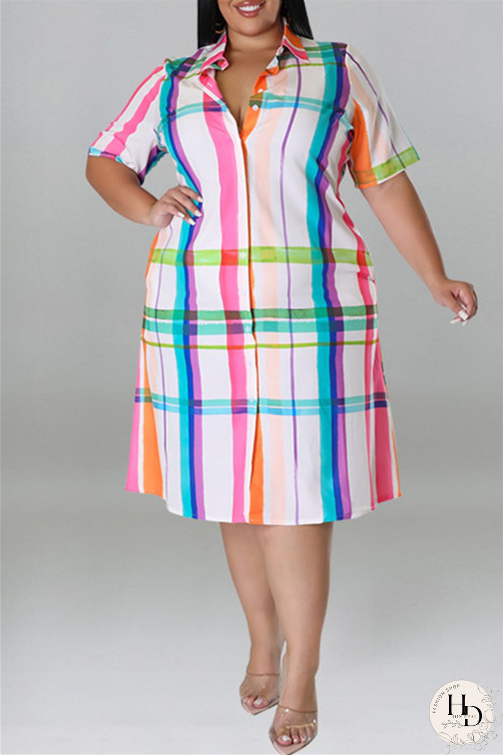 Black Fashion Casual Plus Size Plaid Print Patchwork Turndown Collar Shirt Dress