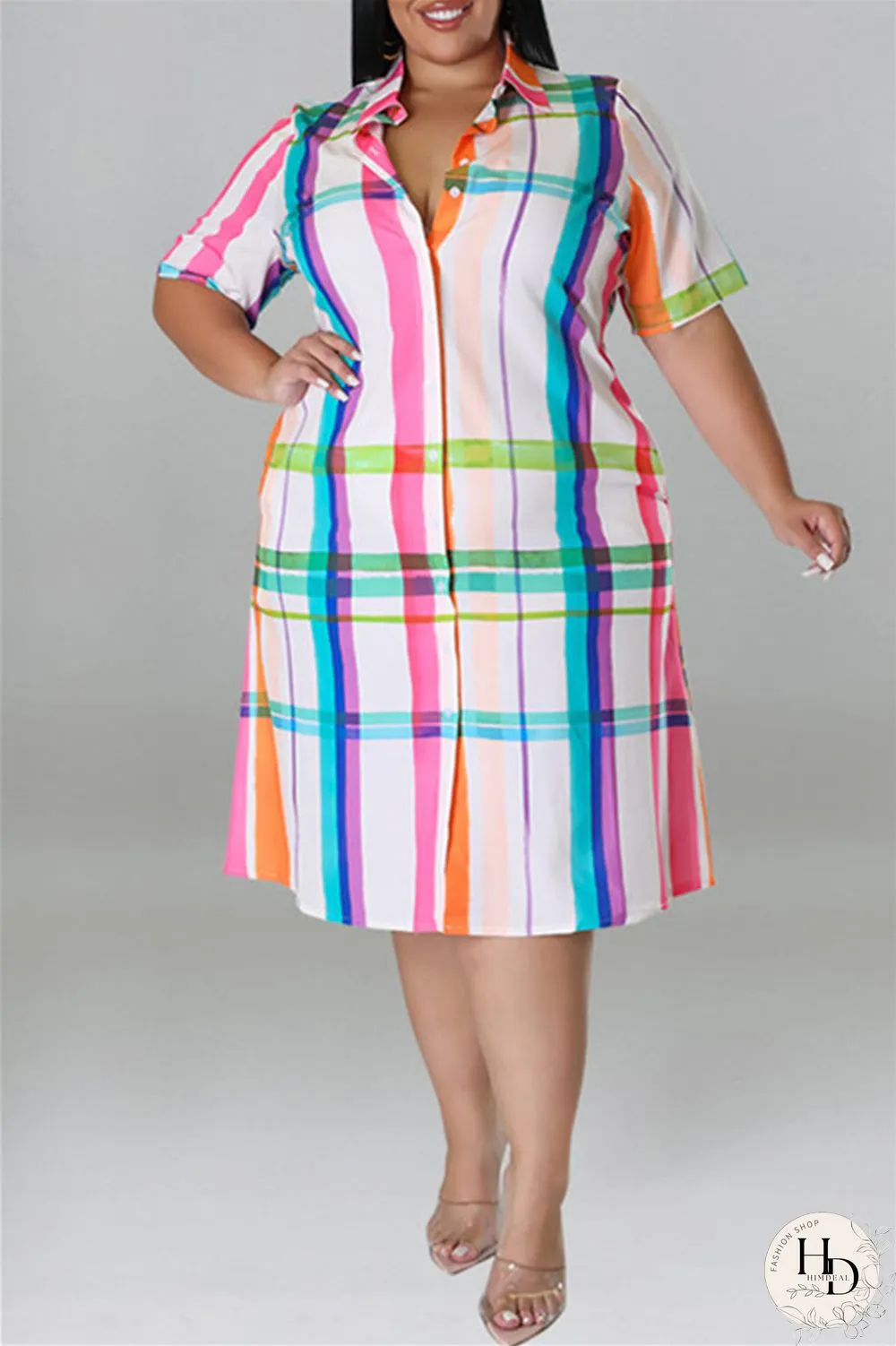 Black Fashion Casual Plus Size Plaid Print Patchwork Turndown Collar Shirt Dress