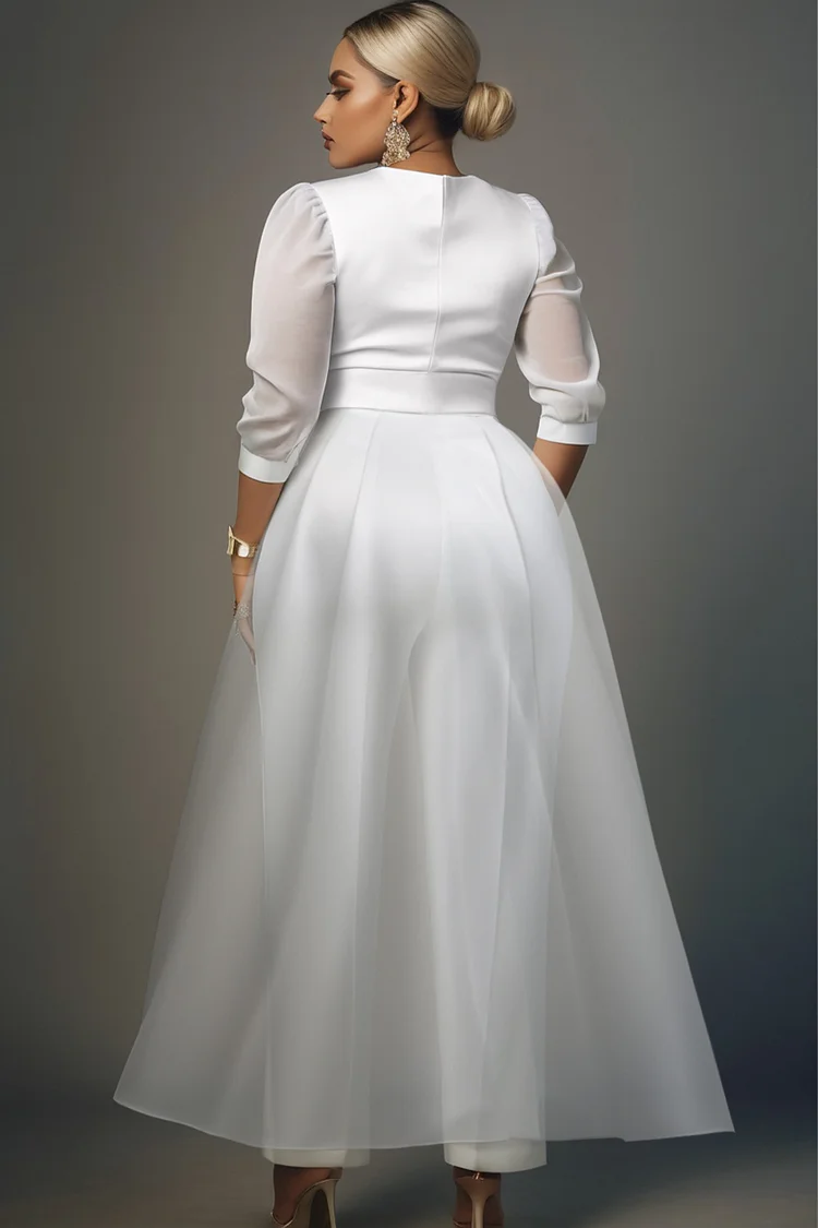 Xpluswear Design Plus Size Wedding Organza White Elegant V Neck 3/4 Sleeve Detachable Overskirt Pocket Satin Jumpsuits
