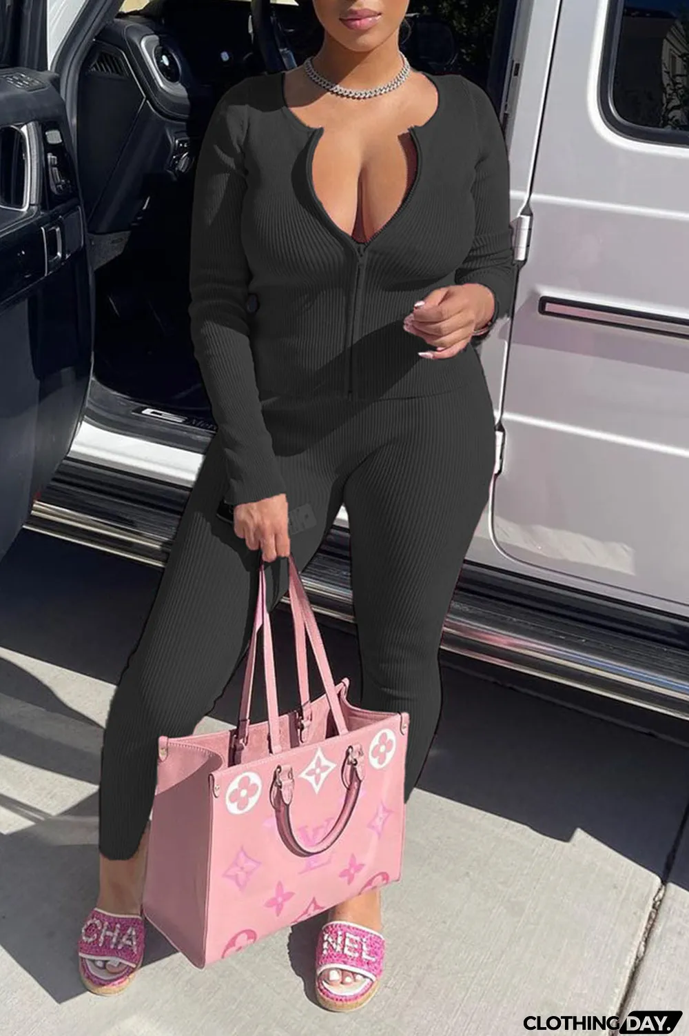 White Casual Solid Split Joint Zipper Long Sleeve Two Pieces