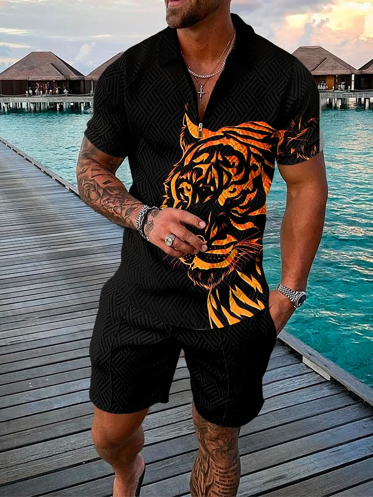Men's black fashion tiger print Polo suit