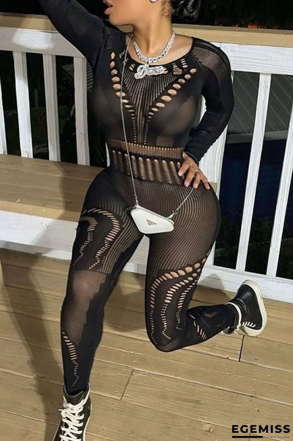 Black Sexy Solid Hollowed Out Patchwork O Neck Long Sleeve Two Pieces | EGEMISS