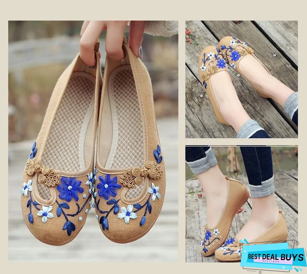 3D Flowers Women Linen Slip On Ballet Flats Breathable Fabric Shoes