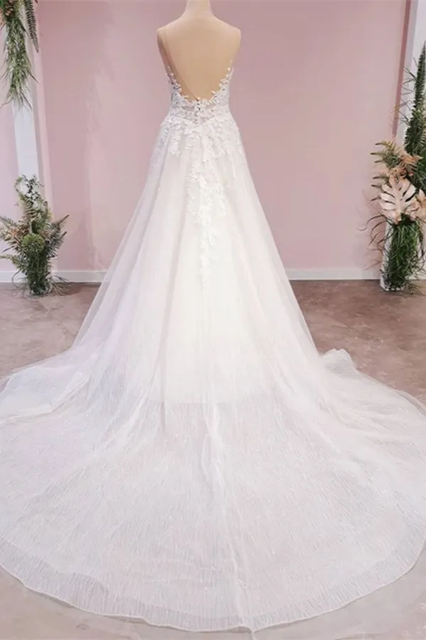 Elegant Beading Backless Floor-length Wedding Dress with Tassel Tulle