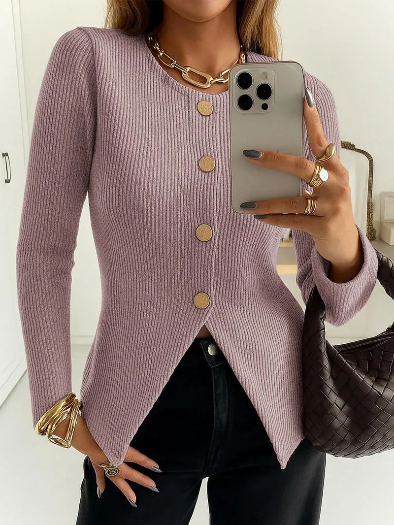 Women's Casual Elegant Ribbed Knit Button Long Sleeve Top, Fitted Plain Design, All Season Wear, Moderate Fabric Thickness