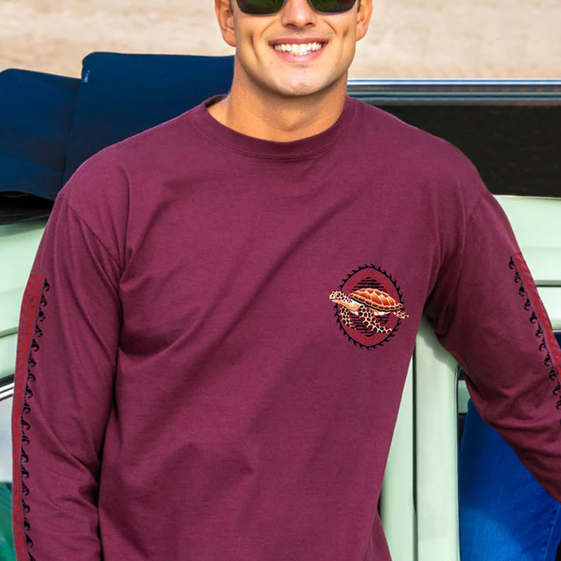 Men's Surfing Long Sleeved Round Neck Beach Sea Turtle Printed T-shirt