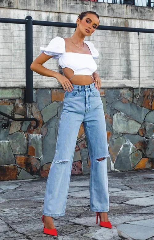 Women's Distressed Jeans High Waisted Loose Straight Denim Jeans Pant