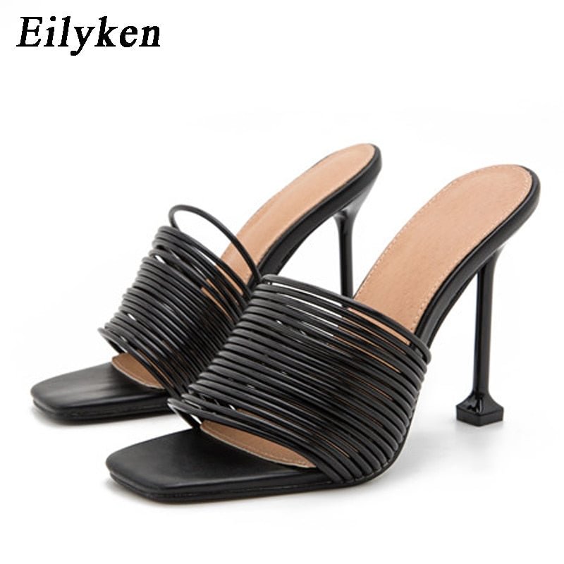 Eilyken Square toe Womens Slipper shoes Summer Mules Sandals Multi knot Sexy high heel Slides Ladies Rome shoes Women Slippers