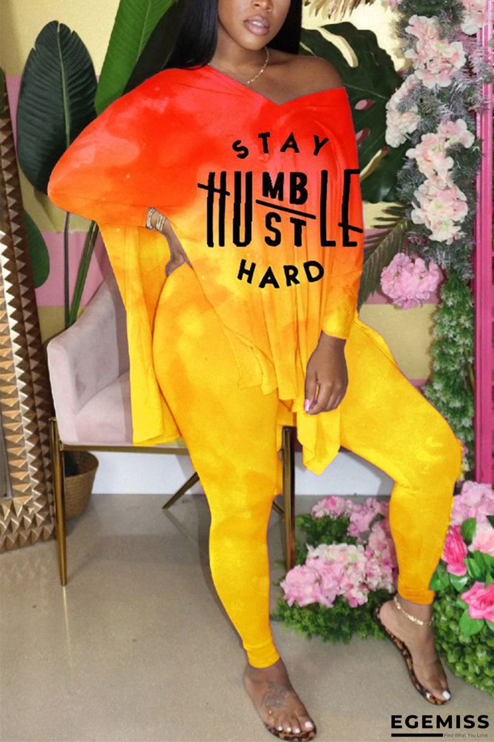 Yellow Fashion Casual adult Ma'am Print Gradient Two Piece Suits pencil Long Sleeve Two Pieces | EGEMISS