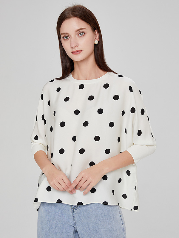 T-shirt en soie manches longues décontractée à pois- SOIE PLUS
