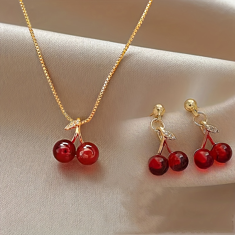 Sparkling Elegance, Elegant 3pcs Cherry Jewelry Set for Women - Vintage Style Necklace & Earrings, Titanium Steel, Perfect Valentine's Gift