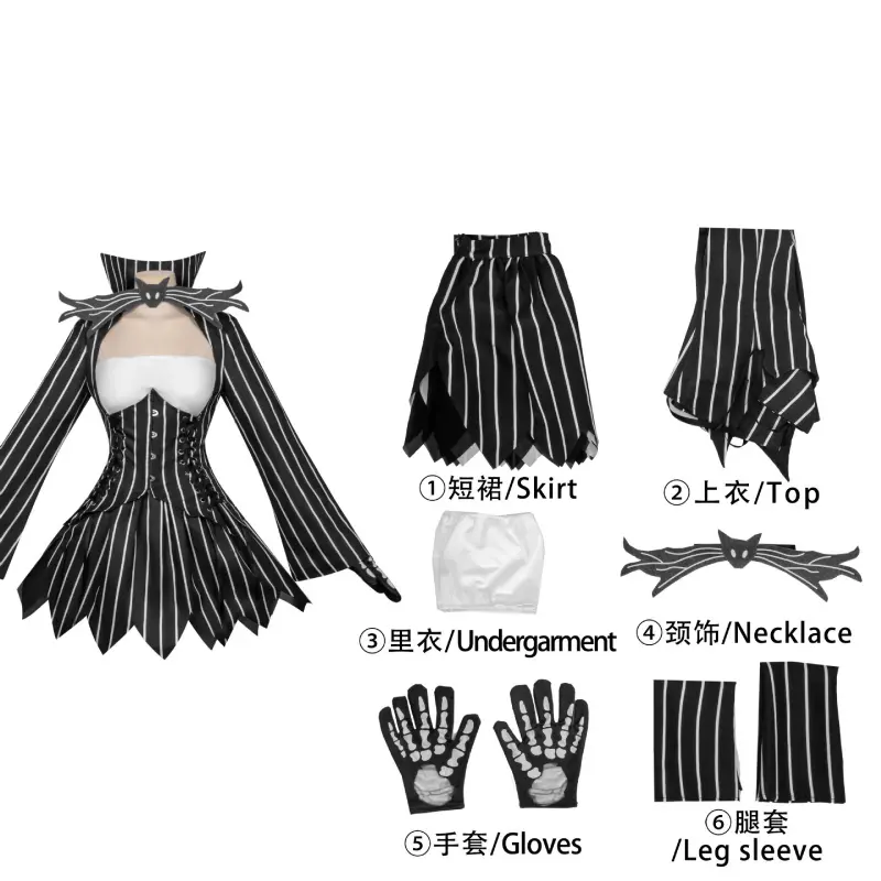 [Wetrose] In Stock Black White Striped Skull Gothic Dress Cosplay Costume Halloween Xmas